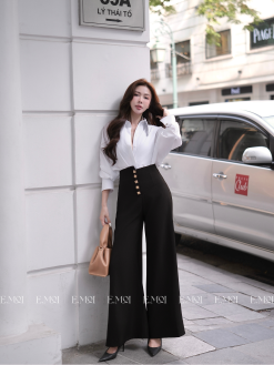 Quần ông rộng đính cúc đồng cạp cao