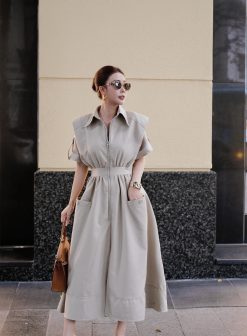 Đầm kaki chun liền dài đai eo có cổ