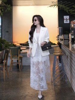 Set blazer mix váy 2 dây ren hoa