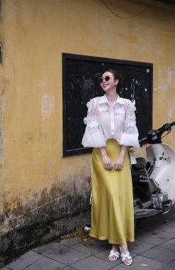 Áo sơ mi tơ dài tay đính hoa