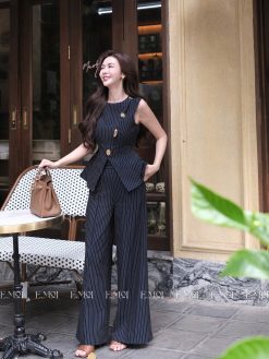 Set áo gile xẻ vạt và quần ống rộng công sở